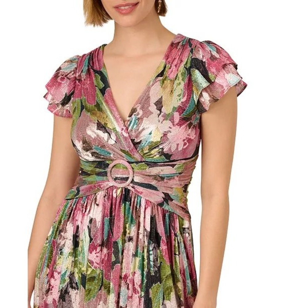 Adrianna Papell Metallic Floral Midi Dress Pink Green Ruffle Sleeve Size 6